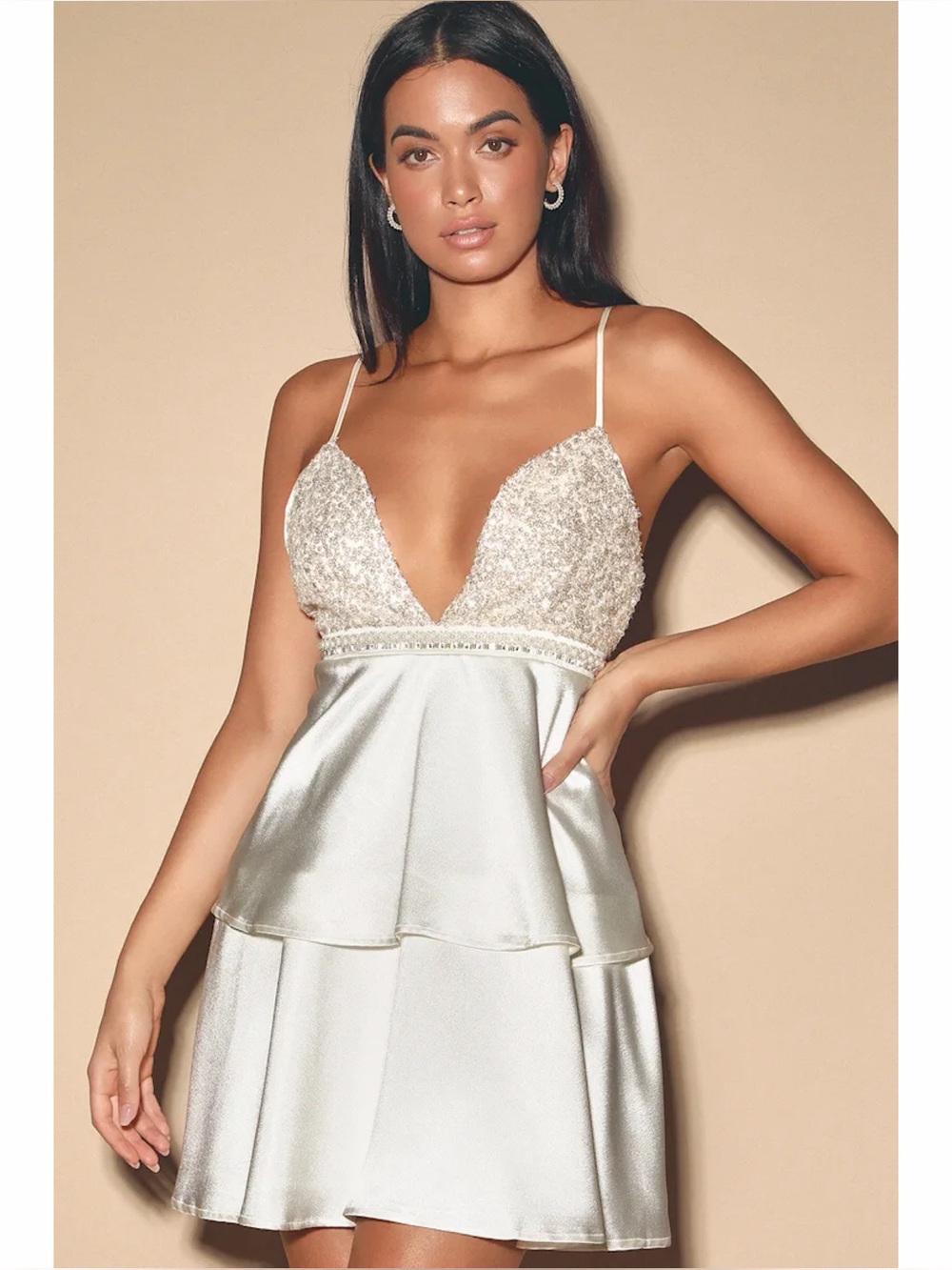 Lulus A Bit Embellished Champagne Sequin Tiered Satin Mini Dress